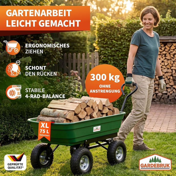 GARDEBRUK® Bollerwagen mit Kippfunktion 300kg Belastbar 4 Profil Gelände Räder Luftbereift Lenkachse