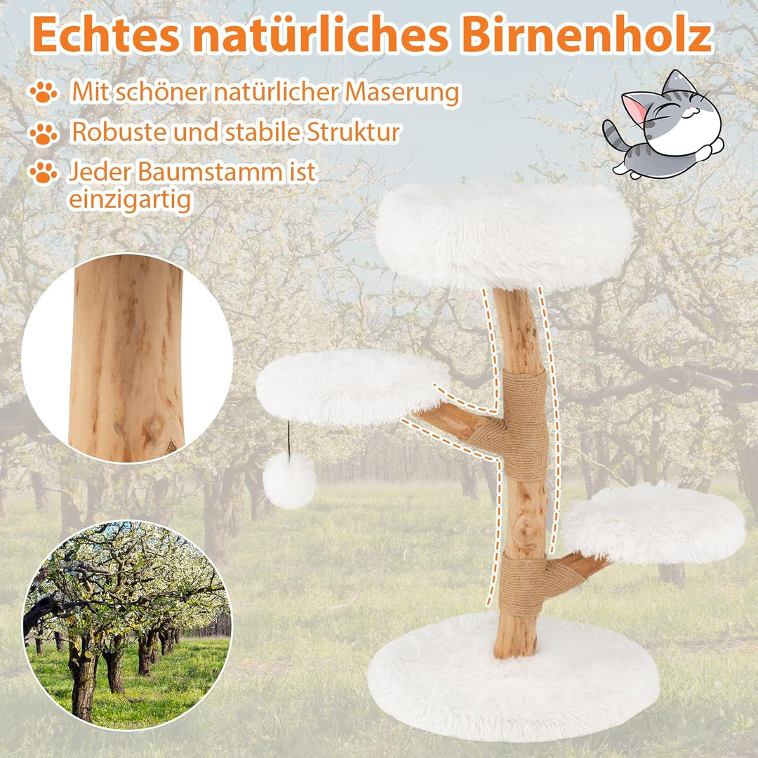 COSTWAY 90cm Kratzbaum Holz, Katzenbaum mit 4 Plüschsitzflächen, Ball & Kratzpfosten aus Jute und Ma