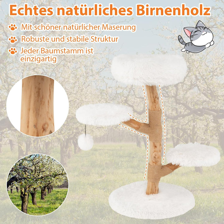COSTWAY 90cm Kratzbaum Holz, Katzenbaum mit 4 Plüschsitzflächen, Ball & Kratzpfosten aus Jute und Ma