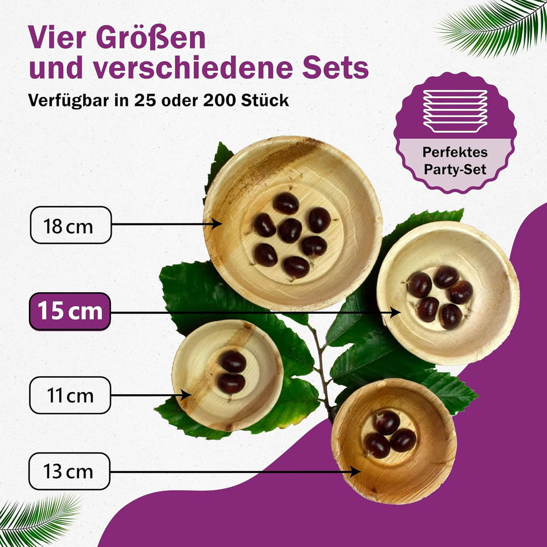 Waipur Bio Palmblatt Schalen - 25 grosse Schalen Ø 15 cm / 500 ml - Premium Einweg Geschirr komposti