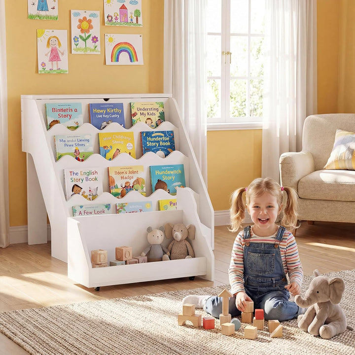 COSTWAY 4 stufiges Kinder Bücherregal, Kinderregal mit aufklappbaren Fach & Schublade auf Rollen, Sp