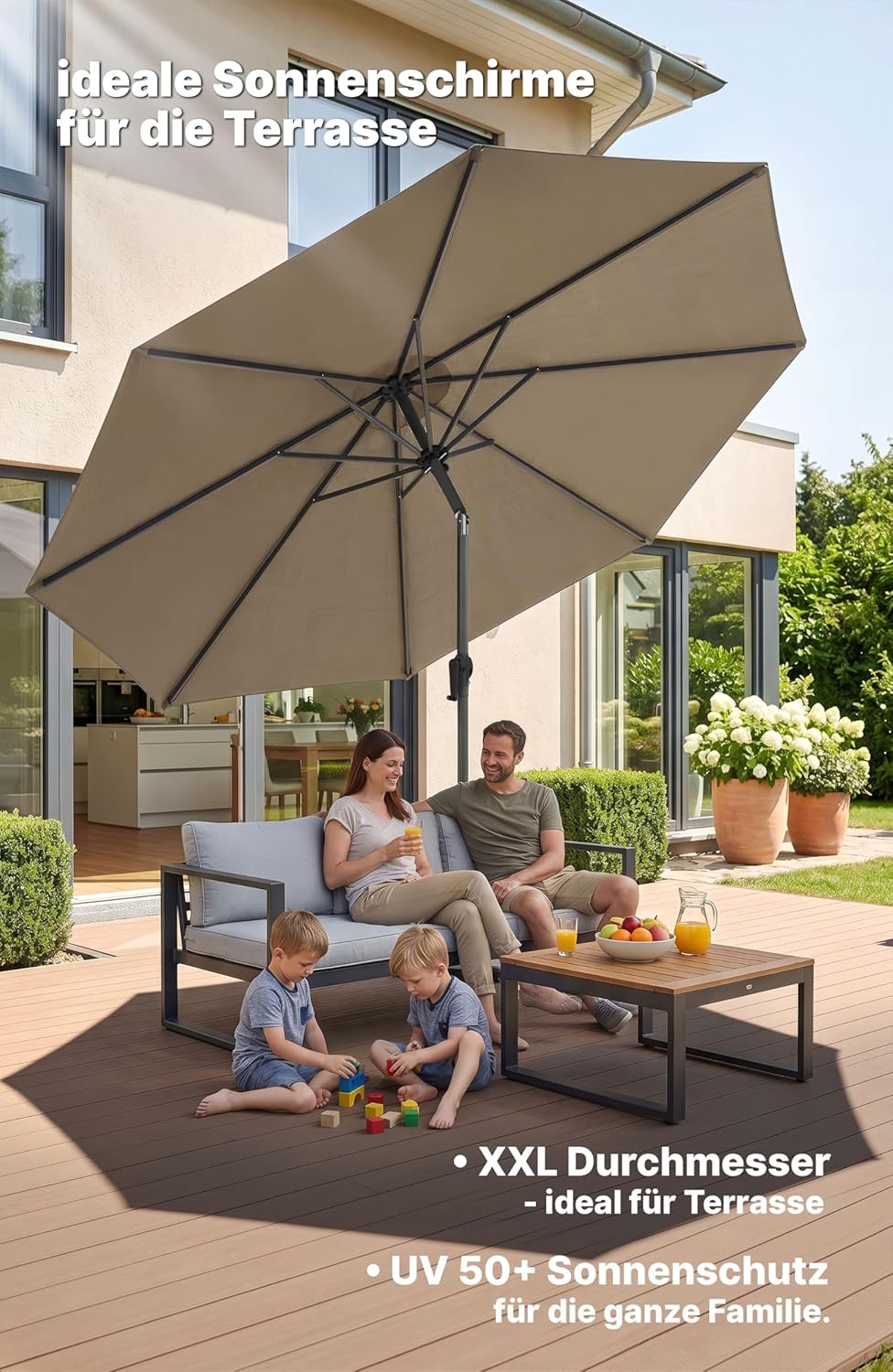 4smile Sonnenschirm 300 cm, mit Kurbel – grosser Sonnenschirm Balkon für die Terrasse, mit UV 50+ Sc