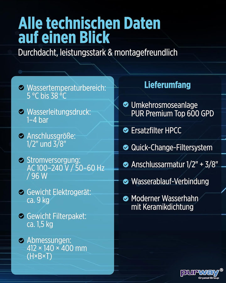PUR PREMIUM TOP 600 GPD Direct flow Umkehrosmoseanlage + Ersatzfilter HPCC