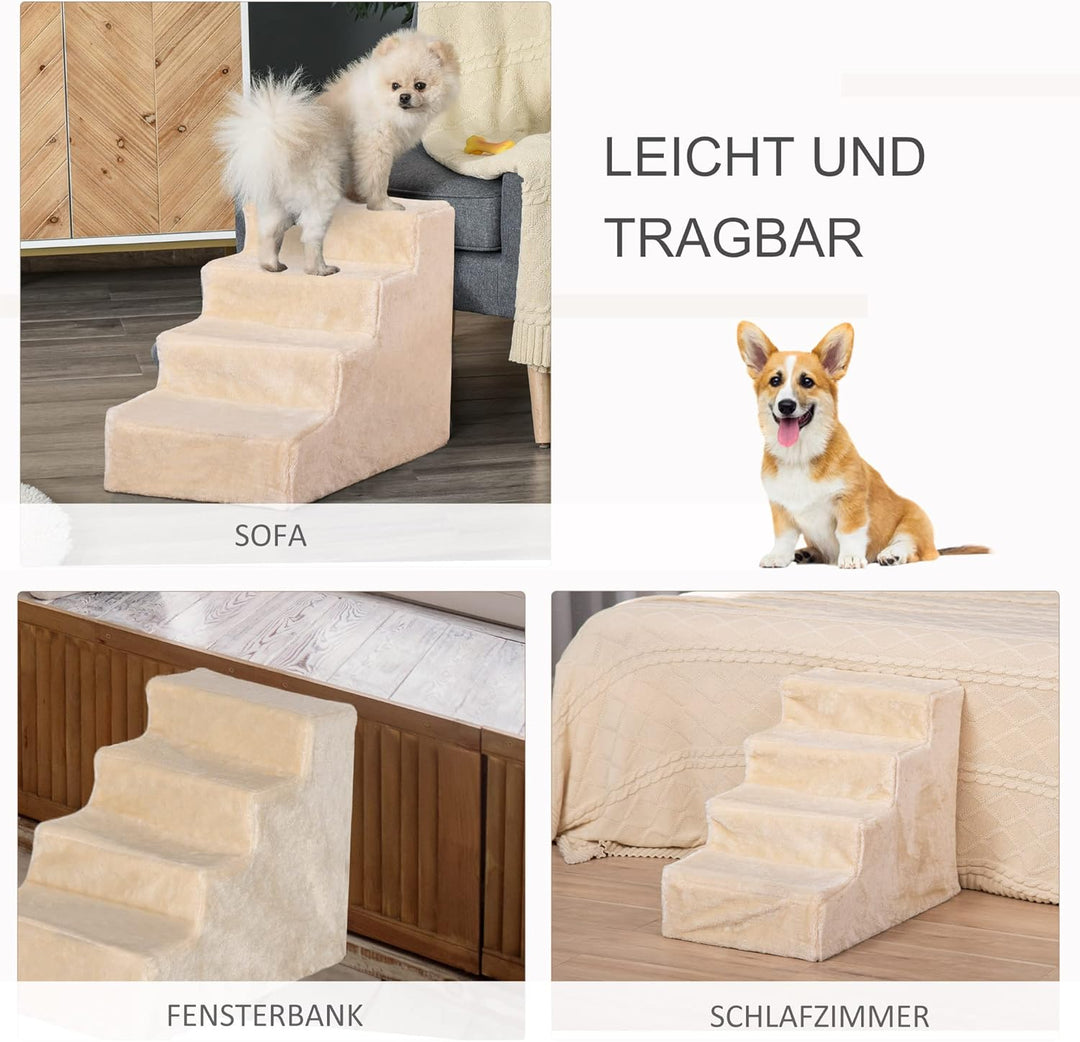 PawHut Hundetreppe 4-stufig, 35 cm Katzentreppe für Bett und Sofa, Haustiertreppe für Hunde und Katz