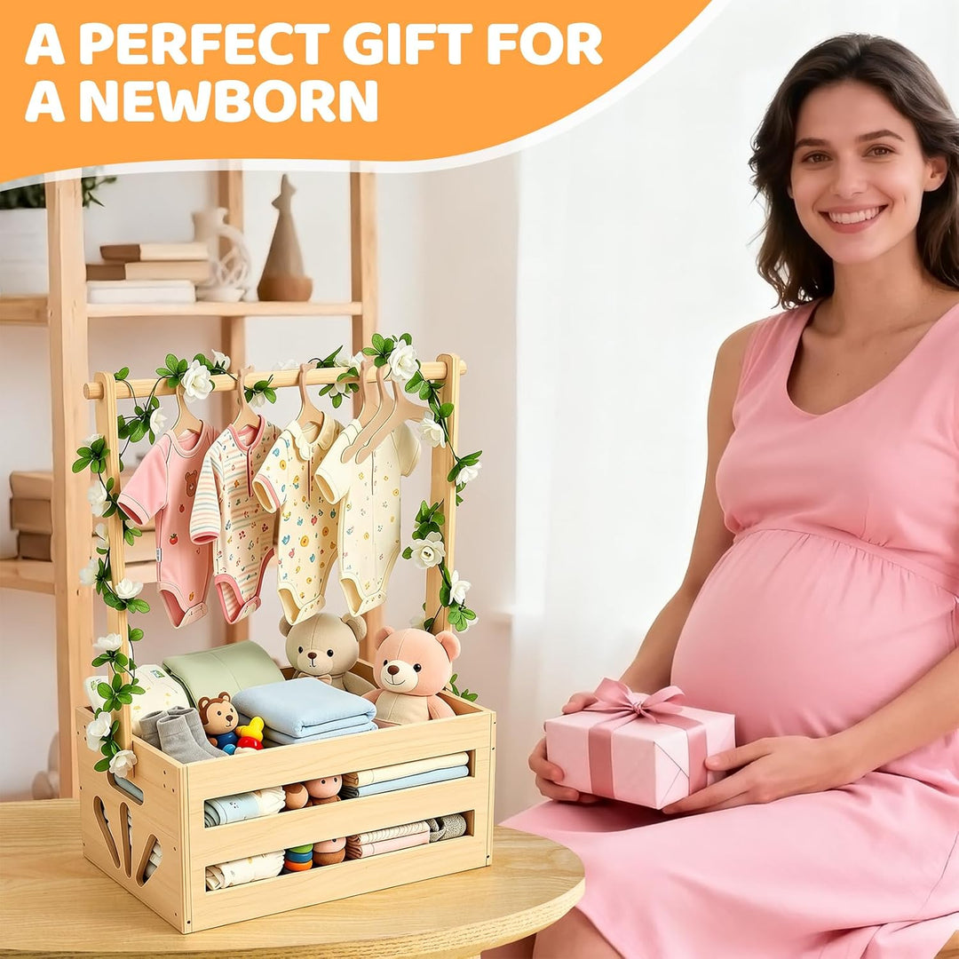 Baby Geschenk Korb aus Holz mit Griff, Baby Aufbewahrungskorb mit Kinder Kleiderbügel und Girlande,