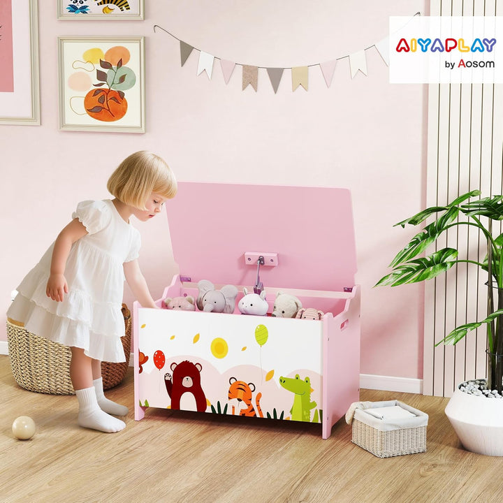 AIYAPLAY Kinderspielzeugtruhe aus Holz mit Klappdeckel, Tiermotiv, Kinderaufbewahrungstruhe mit Sich