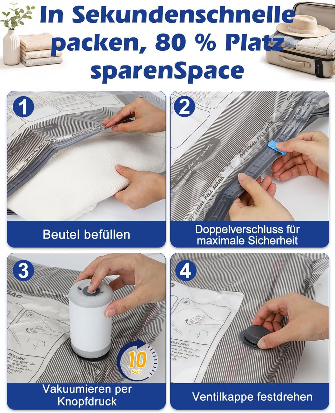 Fantictas Vakuumbeutel für Kleidung 12 Stück mit Kabelloser Vakuumpumpe, 3 Grössen (4x40×50cm, 4x40×