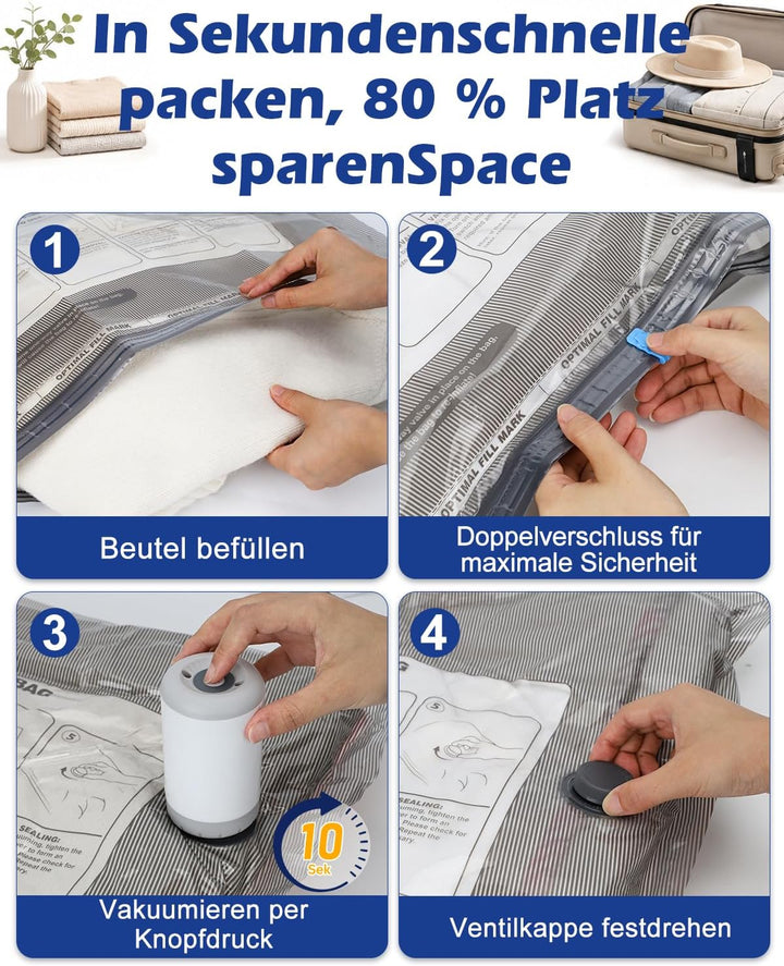 Fantictas Vakuumbeutel für Kleidung 12 Stück mit Kabelloser Vakuumpumpe, 3 Grössen (4x40×50cm, 4x40×