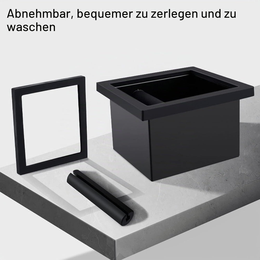 Kaffeesatz-Ausklopfbox, quadratisch, bodenlos, schwarze Gummi-PTFE-Stahlbox mit Kaffee-Tamping-Stati
