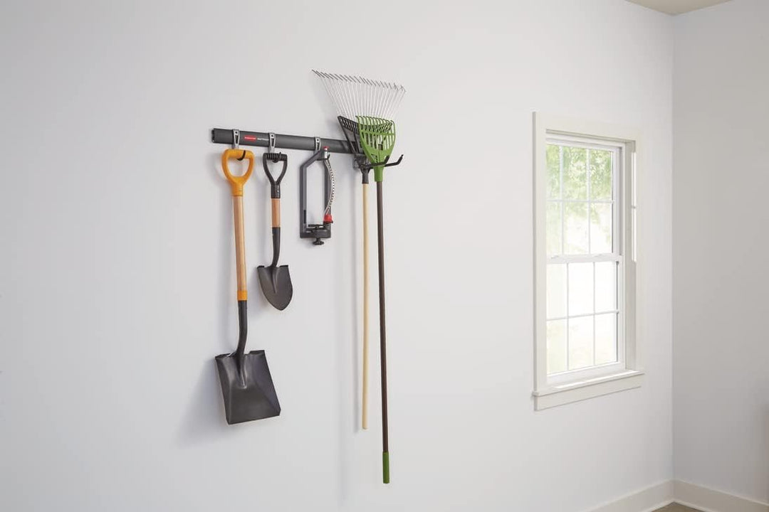Rubbermaid FastTrack Garagenaufbewahrungshaken, 5 Stück, All-in-One Schienenhaken-Set und Werkzeug-O