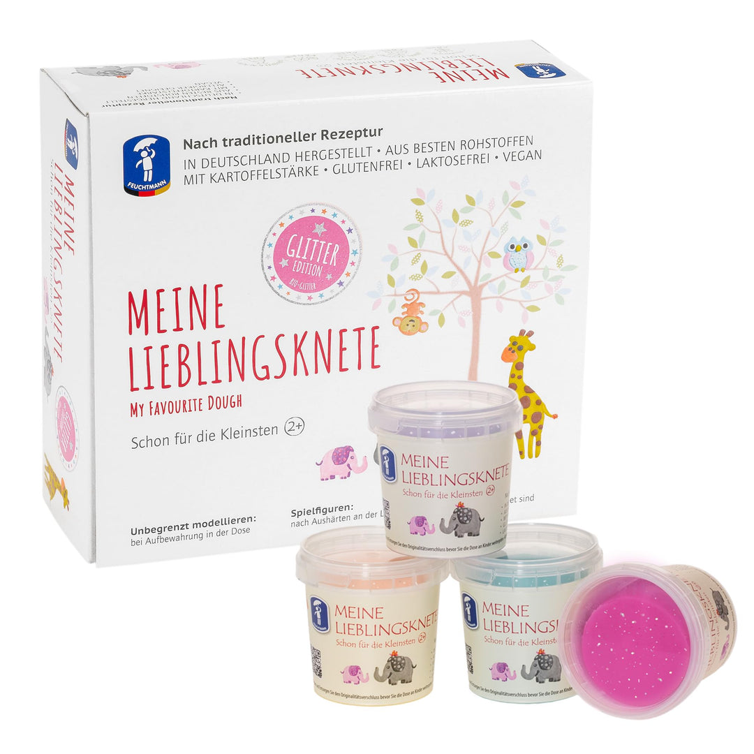 Feuchtmann MEINE LIEBLINGSKNETE Glitter Edition - Knetset 4 x 130g, vegane glutenfreie Knete, Kinder