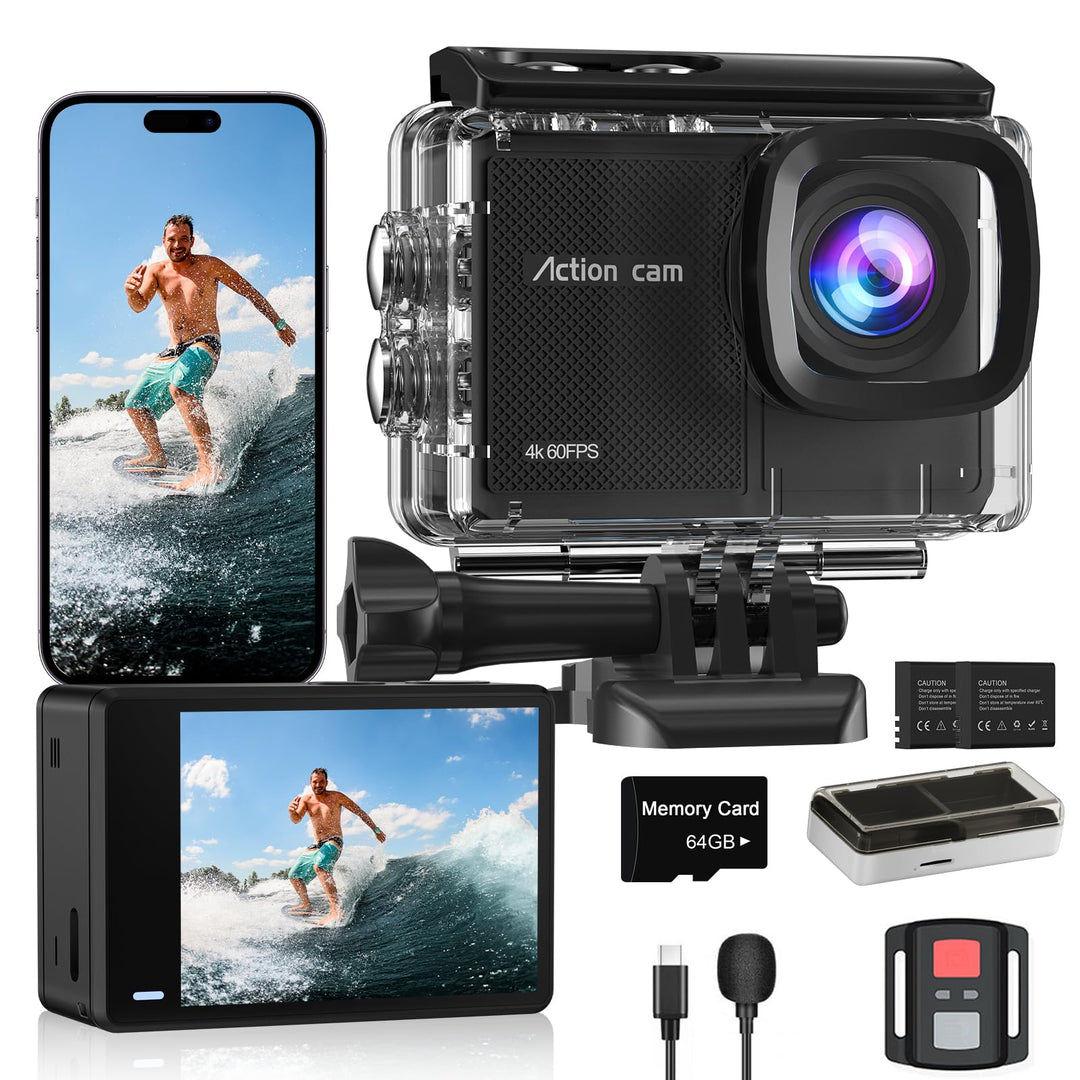 Camlance Action Cam Wasserdicht 4K60FPS mit 64GB Karte,131FT Unterwasserkamera 8X Zoom,WiFi Helmkame