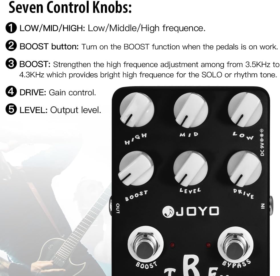 JOYO Metal Distortion Pedal mit 3-Band-EQ und Low-Mid-High Gain Boost für E-Gitarren-Effekt – Bypass