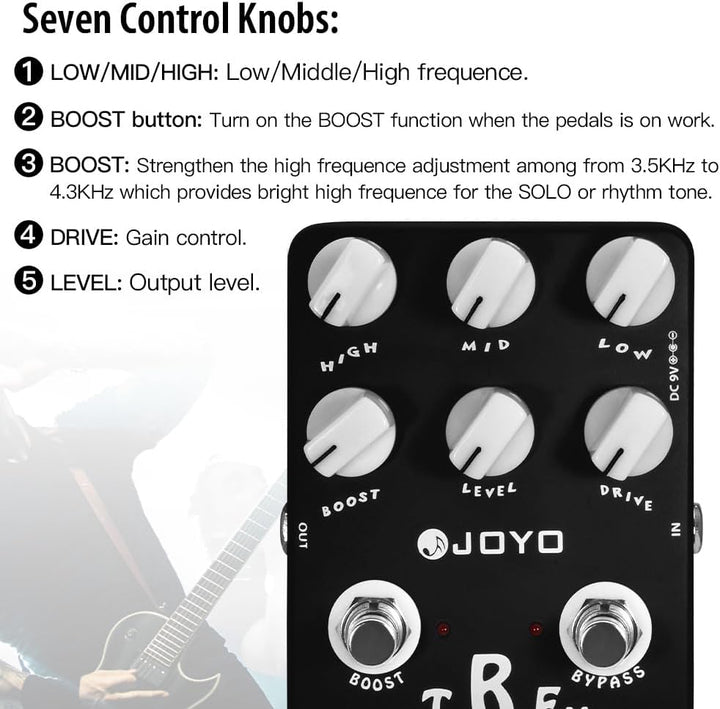 JOYO Metal Distortion Pedal mit 3-Band-EQ und Low-Mid-High Gain Boost für E-Gitarren-Effekt – Bypass