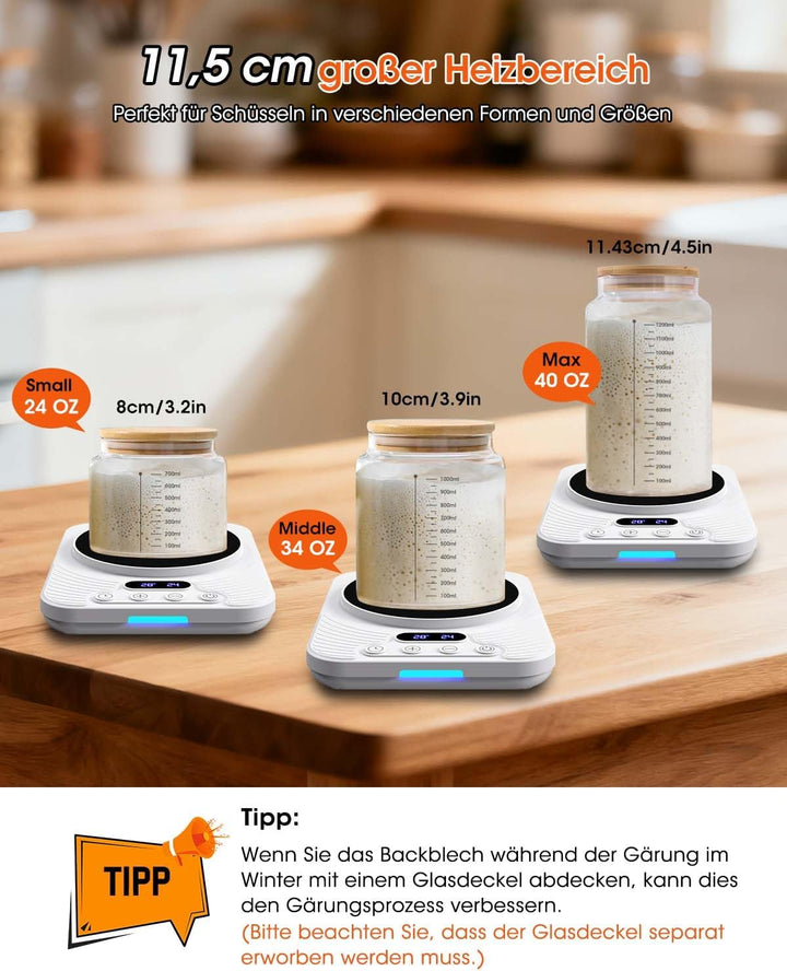 Sauerteigstarterwärmer, Wärmeplatte Präzise 1℃ Thermostat (21-43℃), 24H Timer, Automatische EIN/Aus-