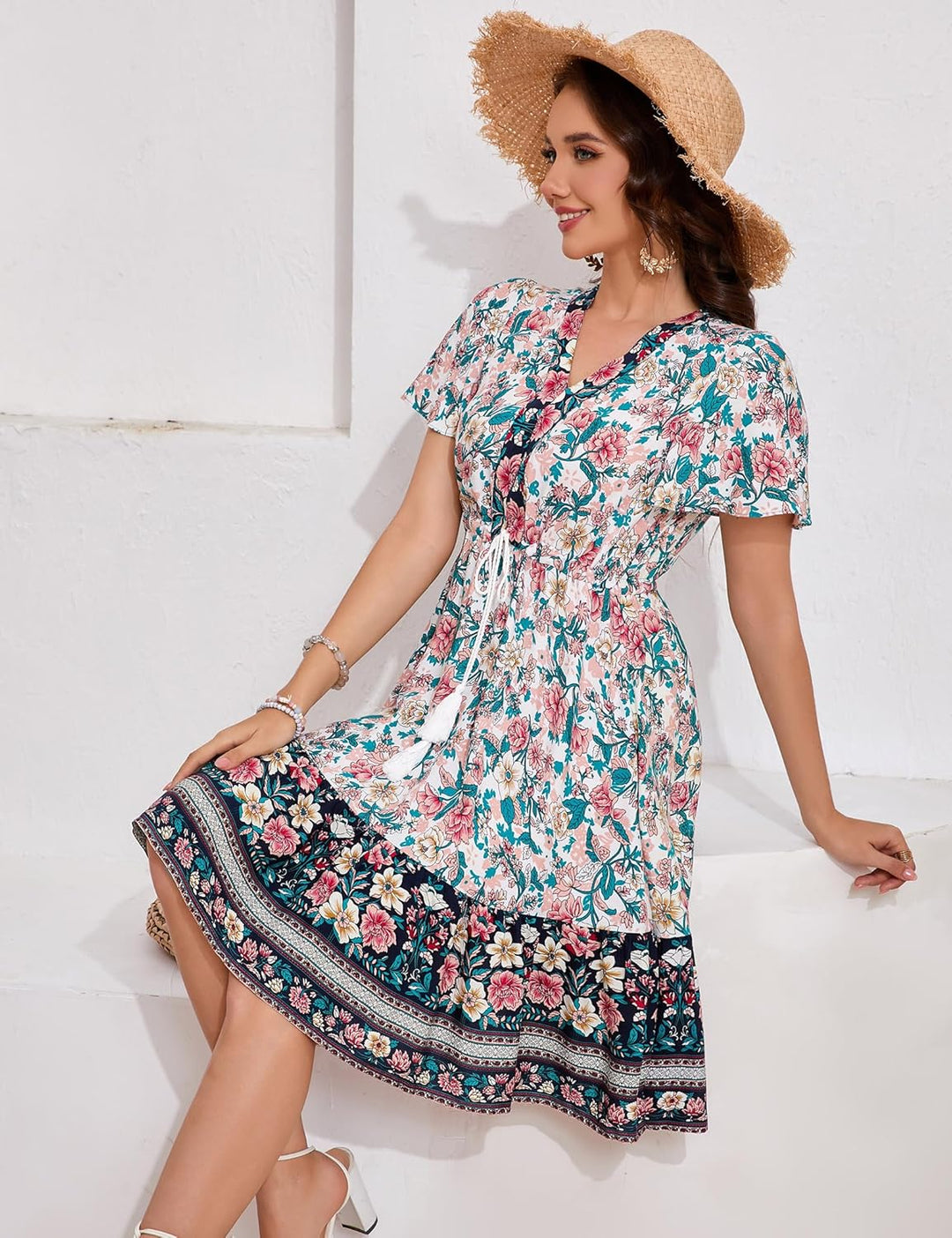 KOJOOIN Damen Sommerkleid Boho Tunika Kleid Kurzarm Minikleider V-Ausschnitt Strandkleid kurz Blumen