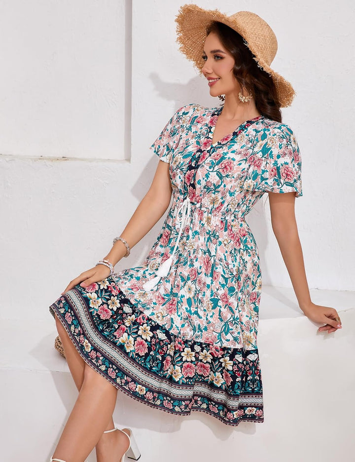 KOJOOIN Damen Sommerkleid Boho Tunika Kleid Kurzarm Minikleider V-Ausschnitt Strandkleid kurz Blumen
