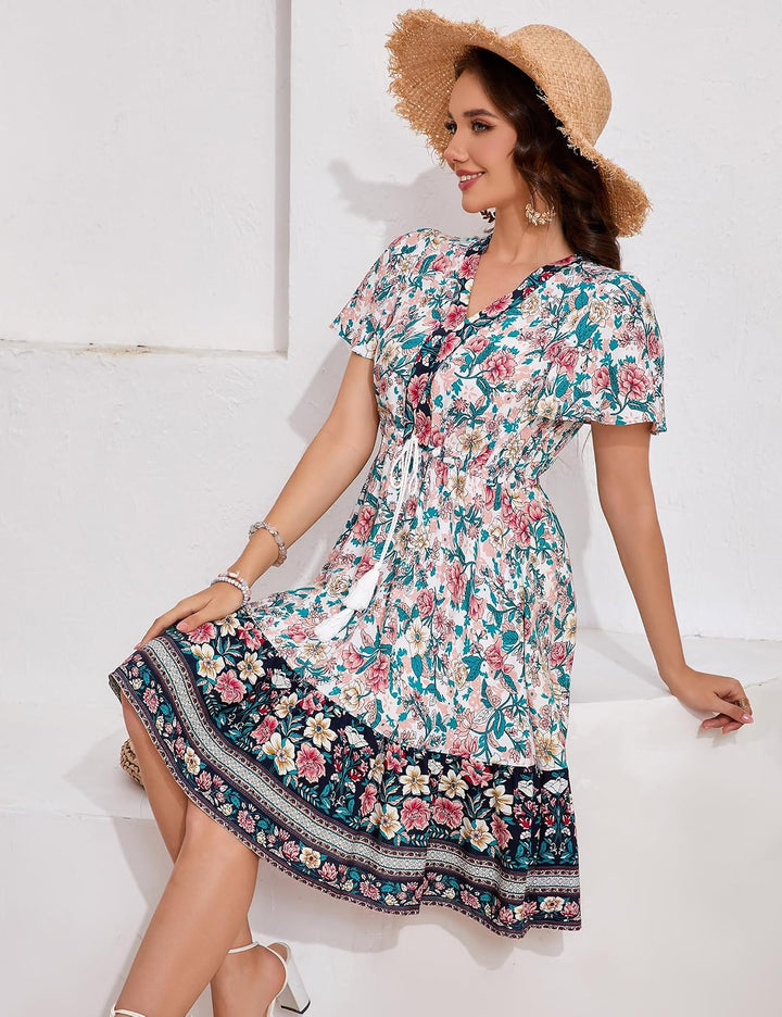 KOJOOIN Damen Sommerkleid Boho Tunika Kleid Kurzarm Minikleider V-Ausschnitt Strandkleid kurz Blumen