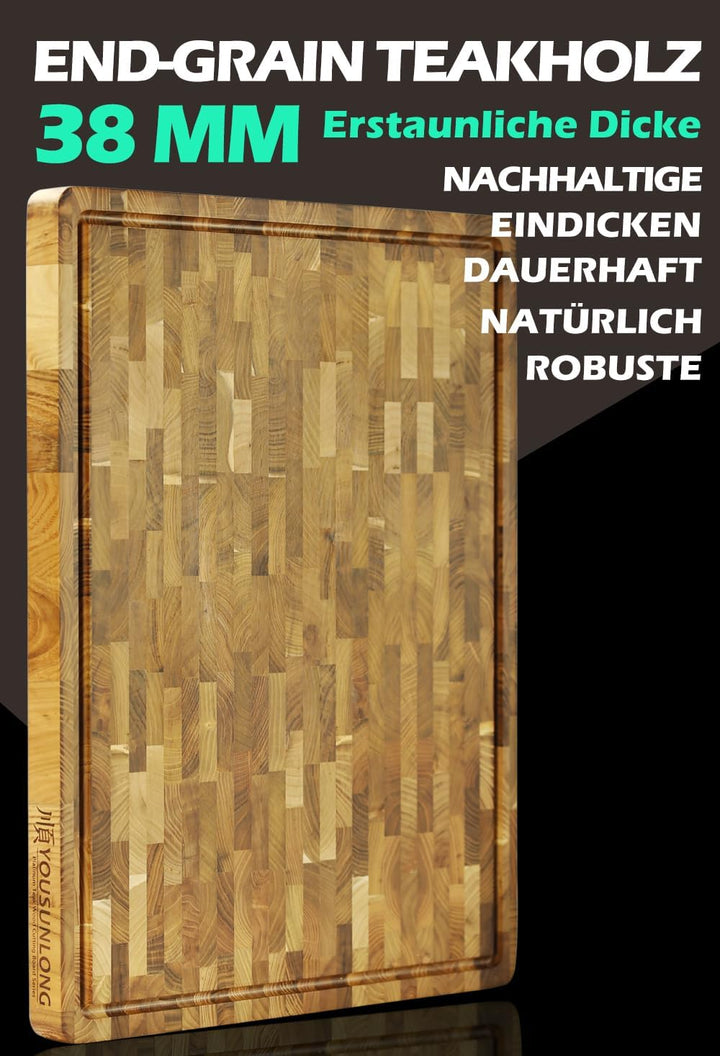 YOUSUNLONG Schneidebrett - XXL Grosses End-Grain Teakholz Fleischer-Block - 61L x 46B x 3,8D cm - Sc