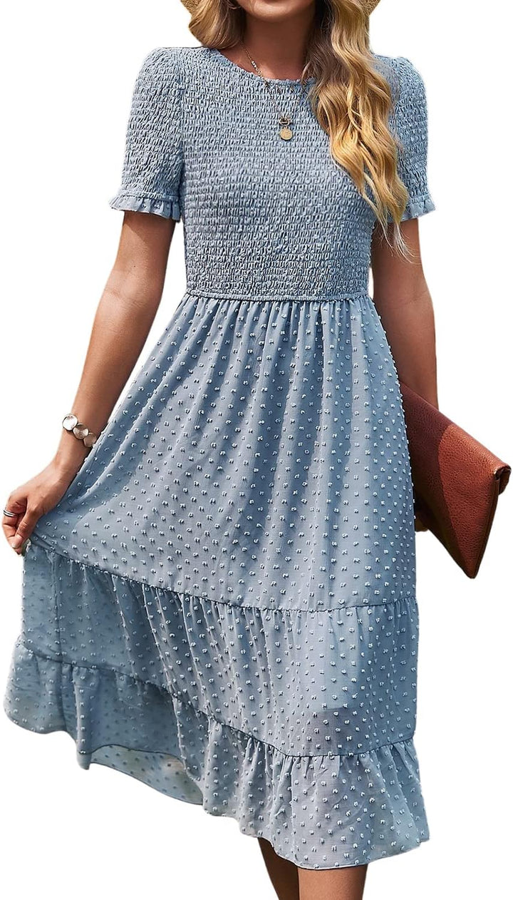 BebreezChic Damen Sommerkleid Rundhals Kurzarm Puffärmel Gerüschter Gerafftes Freizeitkleid mit Hohe