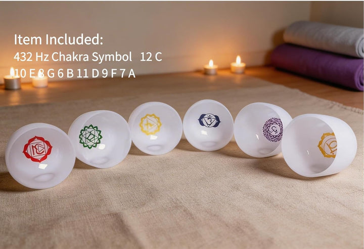 ENERGYSOUND 432Hz 6-12 Inch Chakra Symbol Design Frosted Quartz Crystal Singing Bowl with 2 PCS Trav