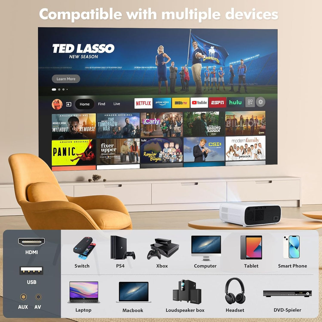 Mini Beamer mit WiFi und Bluetooth, 18000 Lumen, Full HD 1080P Auflösung Beamer 4k Heimkino, Unterst