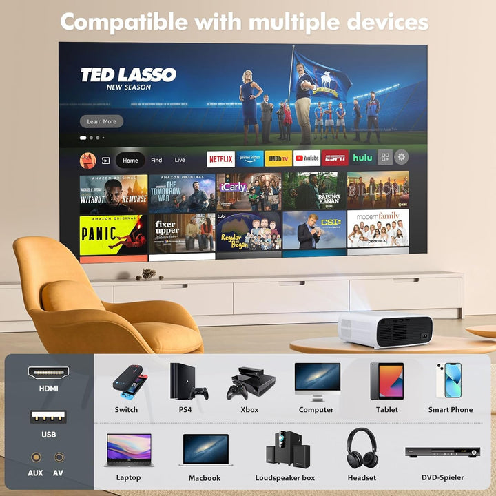 Mini Beamer mit WiFi und Bluetooth, 18000 Lumen, Full HD 1080P Auflösung Beamer 4k Heimkino, Unterst