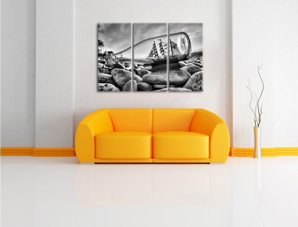 Pixxprint Flasche mit Schiff als Leinwandbild/Grösse: 3 Teilig (120x80) cm/Wandbild/Kunstdruck/ferti