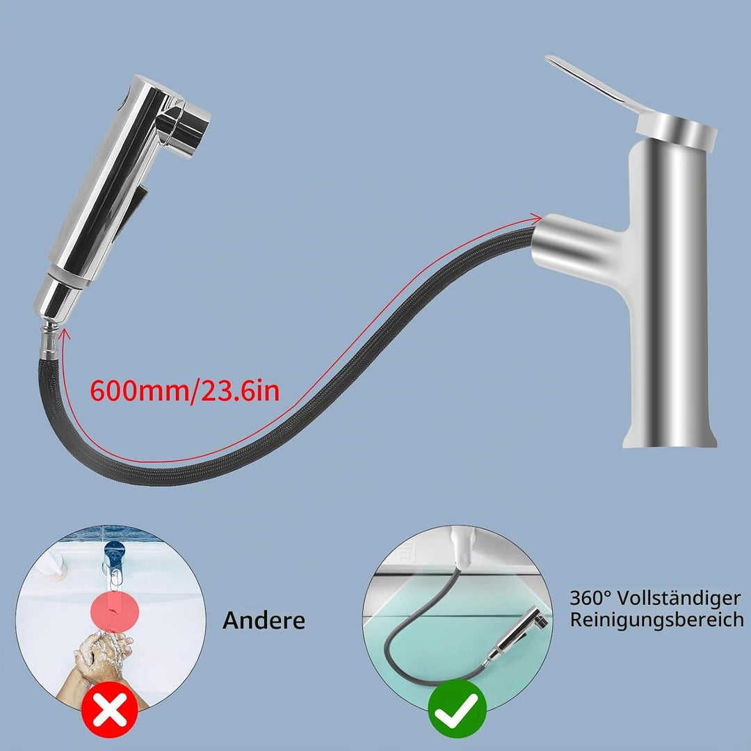 Waschtischarmatur mit Herausziehbarer Brause Wasserhahn Bad mit 3 Wasserstrahlarten Brause Kalt und