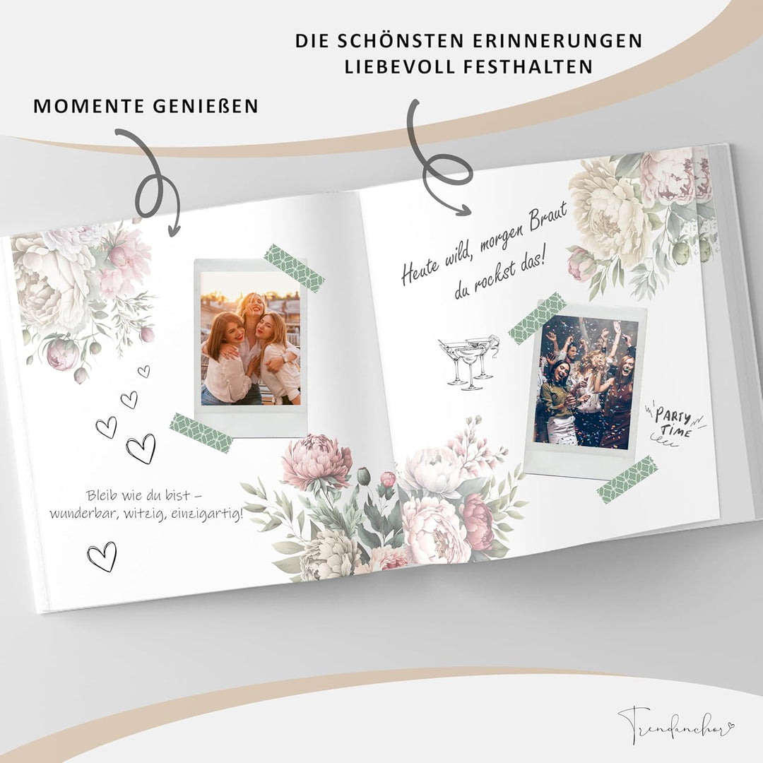 Mein JGA Erinnerungsbuch - Gästebuch für Glückwünsche und Fotos - Hardcover mit Pfingstrosen-Design