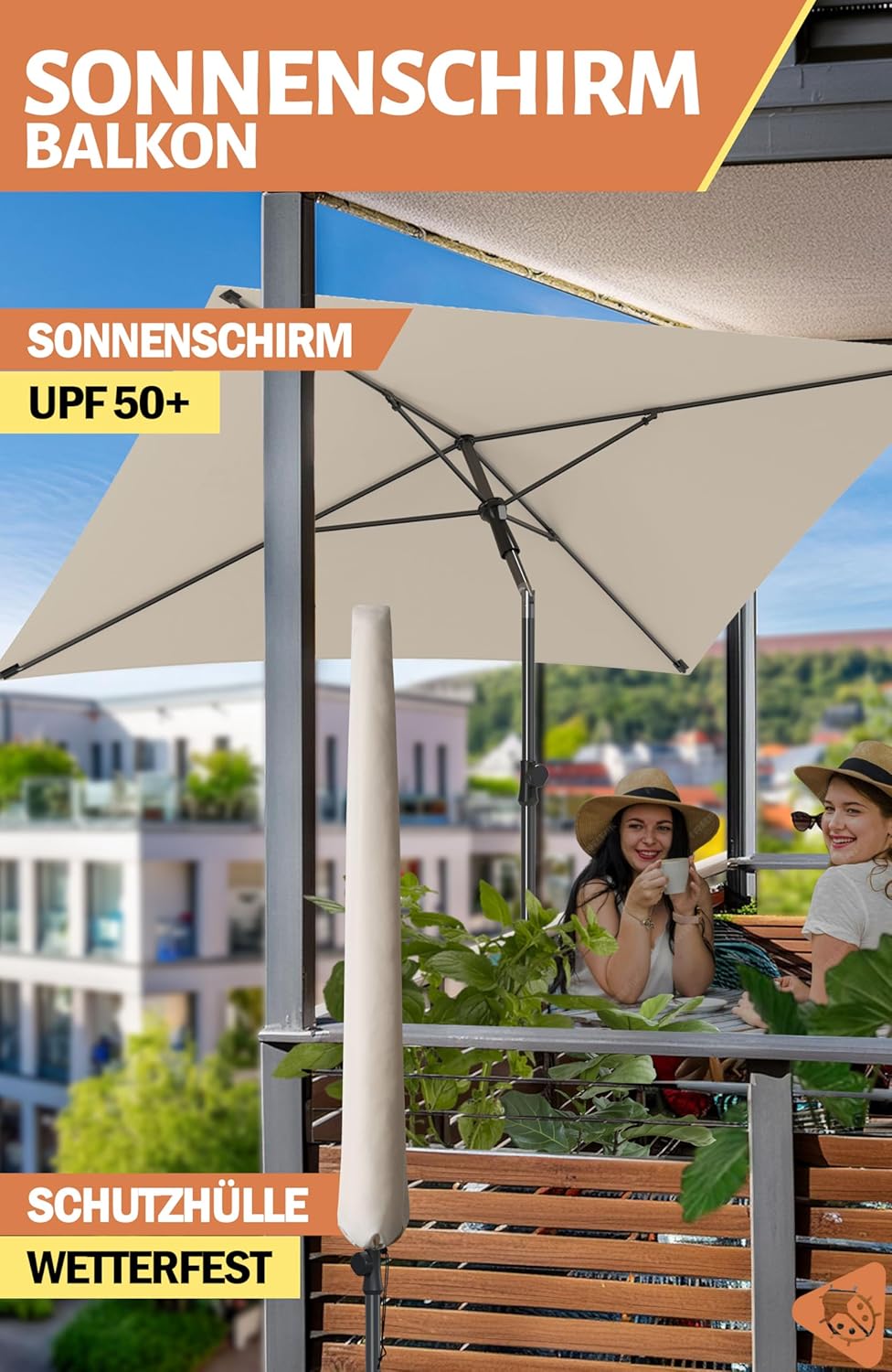 Menz Sonnenschirm Balkon mit Schutzhülle in Beige, 200 × 125 cm | UPF 50+ Sonnenschirm rechteckig fü