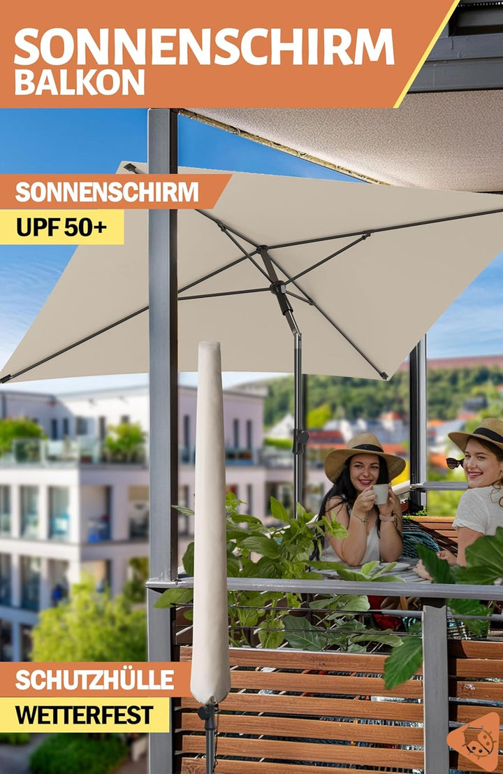Menz Sonnenschirm Balkon mit Schutzhülle in Beige, 200 × 125 cm | UPF 50+ Sonnenschirm rechteckig fü