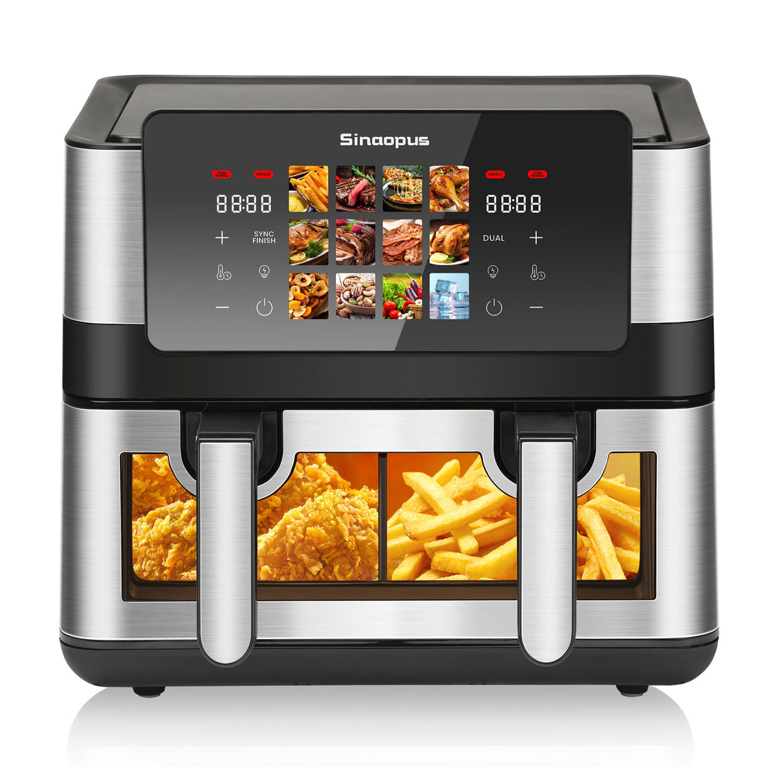 Air Fryer 9L 2000 W, Heissluftfritteuse 2 Kammern mit kühlem Griff | Digitaler Touchscreen, Sichtfen
