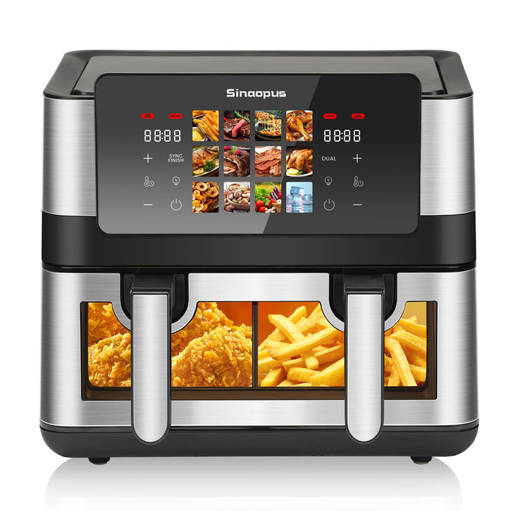 Air Fryer 9L 2000 W, Heissluftfritteuse 2 Kammern mit kühlem Griff | Digitaler Touchscreen, Sichtfen