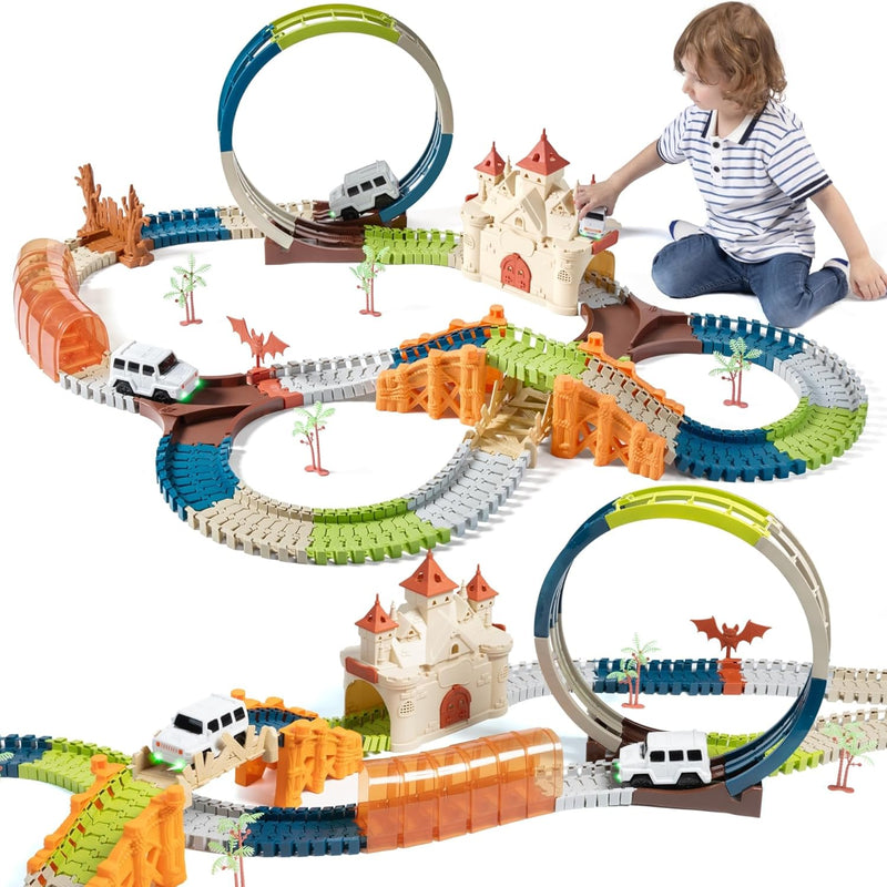 TUMAMA Rennstrecken Spielen Fahrzeuge Spielzeug Set, Flexible Track Rennbahn mit 360 Loop und Auto T