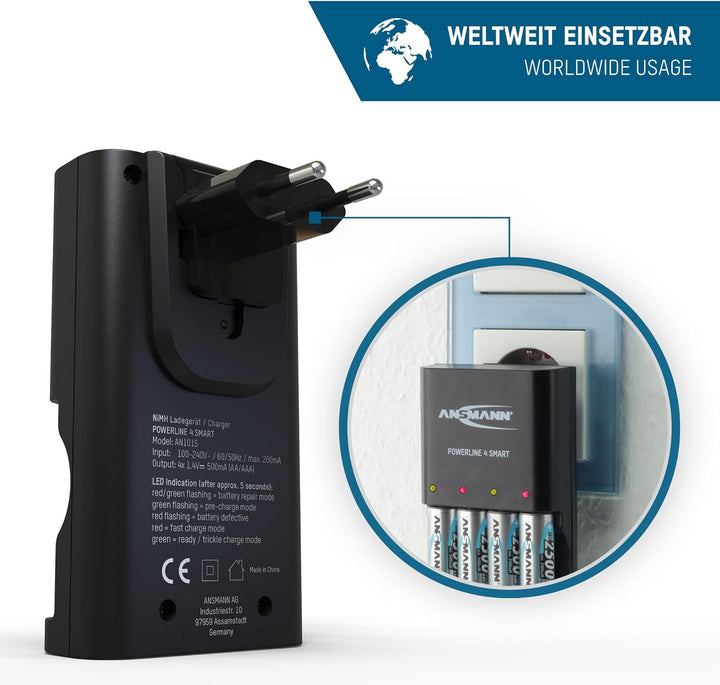 ANSMANN Akkuladegerät mit Repair Modus inkl. 4x 800 mAh NiMH AAA Akkus – Automatik Ladegerät für 4x