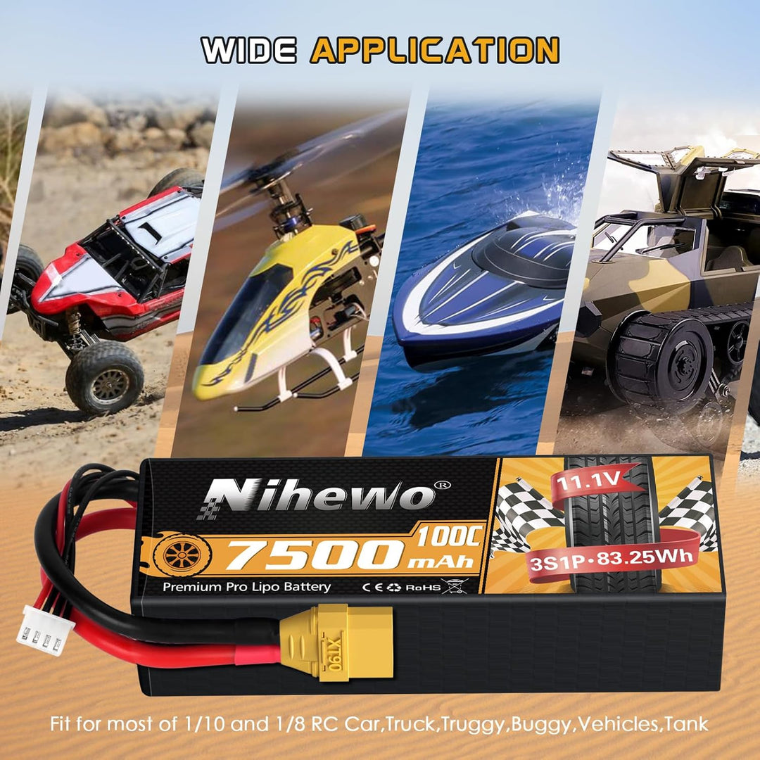 3S Lipo-Akku, 2 Packungen RC-Akku 11,1V 7500mAh 100C 3S Lipo-Hartschalengehäuse XT90-Anschluss kompa