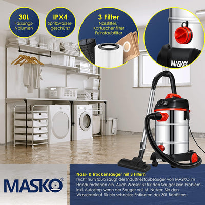 MASKO® Industriestaubsauger 1800Watt Mit Steckdose Blasfunktion | Mehrzwecksauger Trocken-Saugen & N