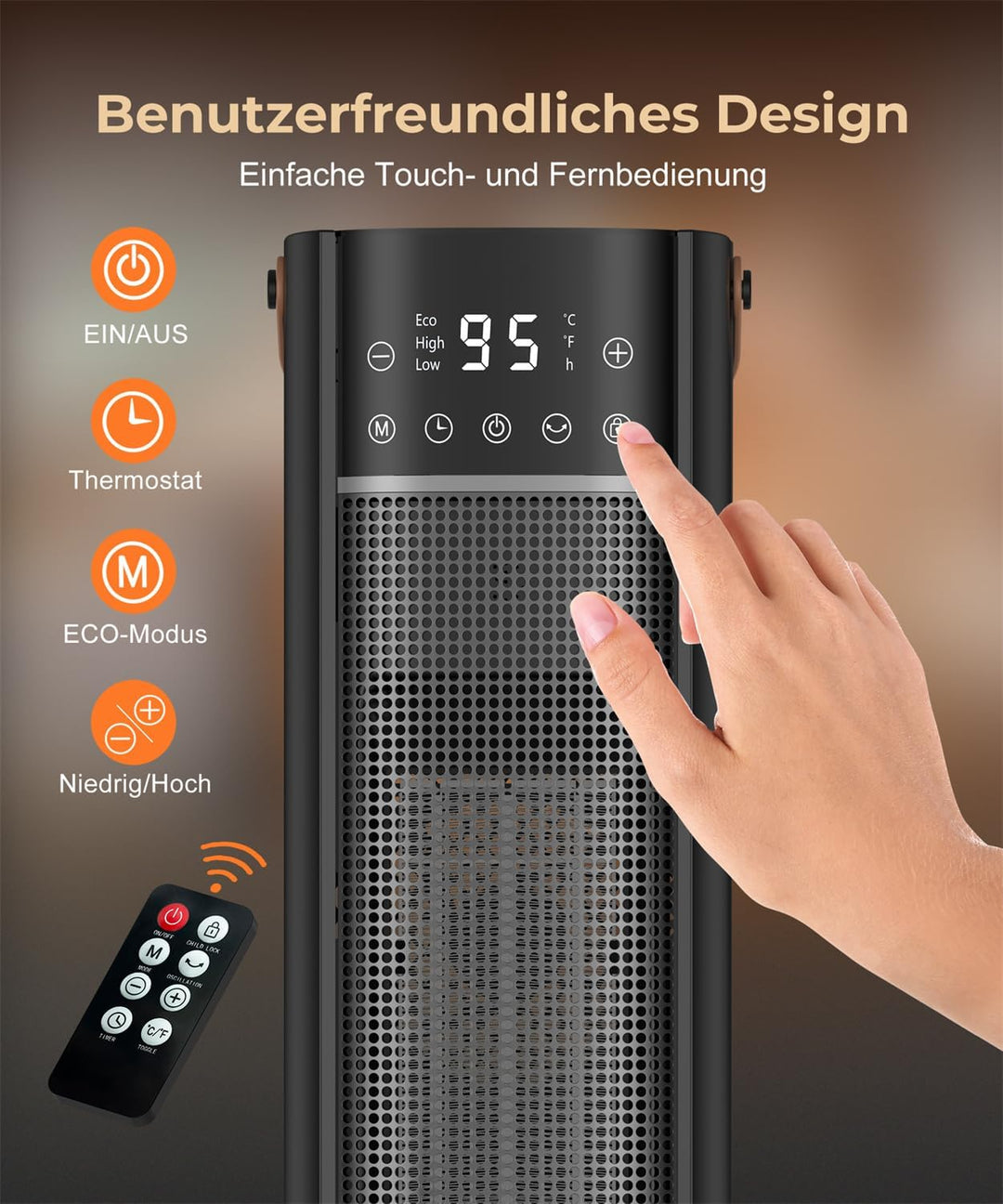 Heizlüfter Energiesparend, 2000W PTC Keramik Heizlüfter, 75° Oszillierend Elektroheizung mit Thermos