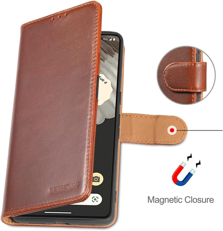LENSUN Echtleder Hülle für Google Pixel 7 Pro, Handyhülle [Echtes Leder] [Magnetverschluss] Flip Han
