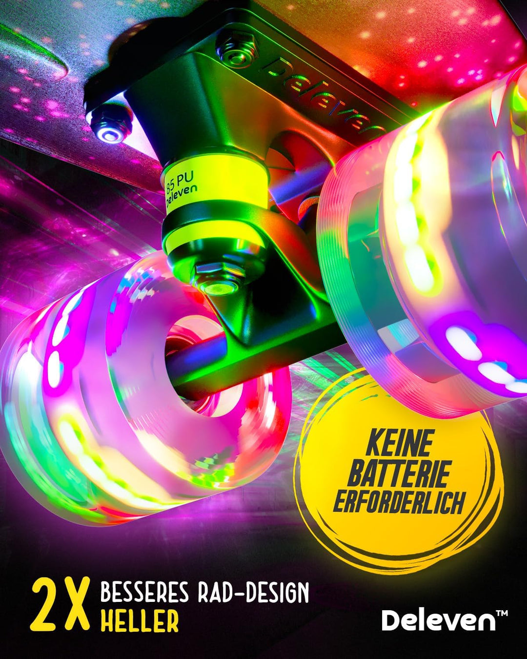 Deleven Skateboard mit LED Rollen, Skate Tool und ABEC 7 Lager - Kinder Erwachsene Anfänger - 56 cm
