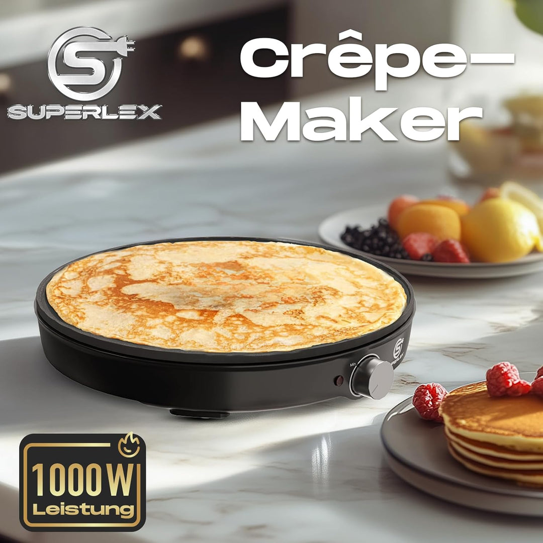 Crepes Maker 1000W Antihaftplatte inkl Teigverteiler Wender stufenlos regelbarer Thermostat Crepe Pf