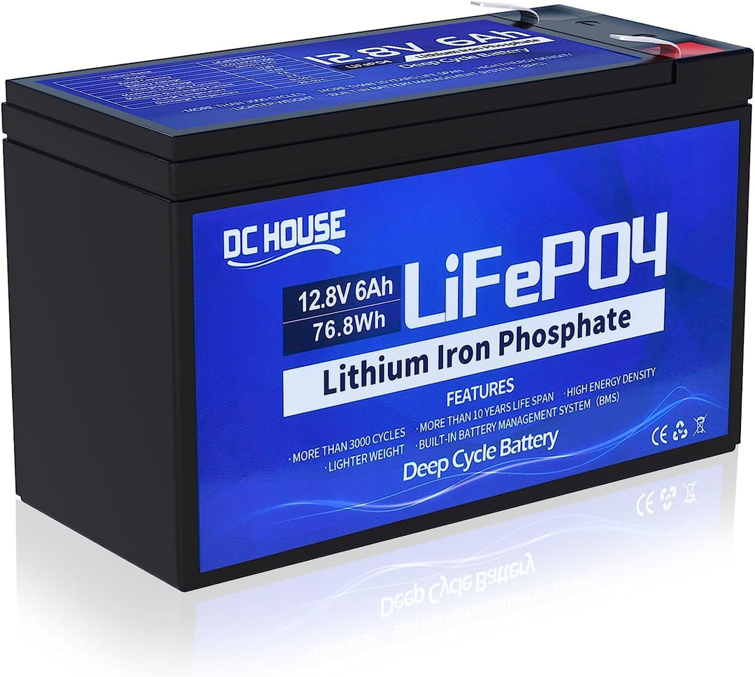 DCHOUSE 12V 6Ah LiFePO4 wiederaufladbarer Lithium-Akku mit 3000+ tiefen Zyklen und BMS Schutz für So