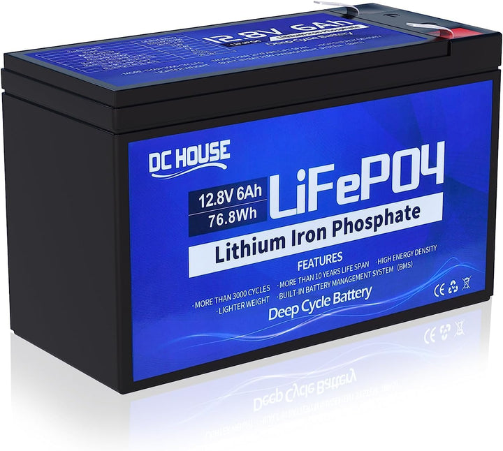 DCHOUSE 12V 6Ah LiFePO4 wiederaufladbarer Lithium-Akku mit 3000+ tiefen Zyklen und BMS Schutz für So