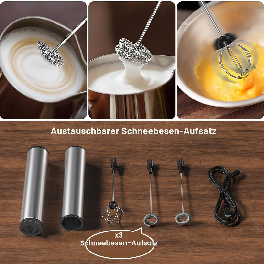 MOSUO Elektrischer Milchaufschäumer, wiederaufladbar, USB und Mini-Handmixer mit Doppel-Schneebesen,