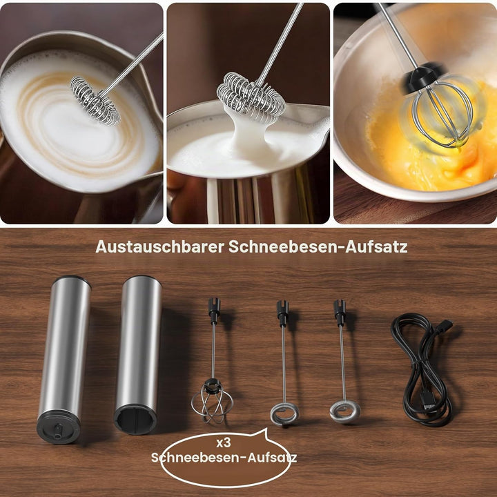 MOSUO Elektrischer Milchaufschäumer, wiederaufladbar, USB und Mini-Handmixer mit Doppel-Schneebesen,
