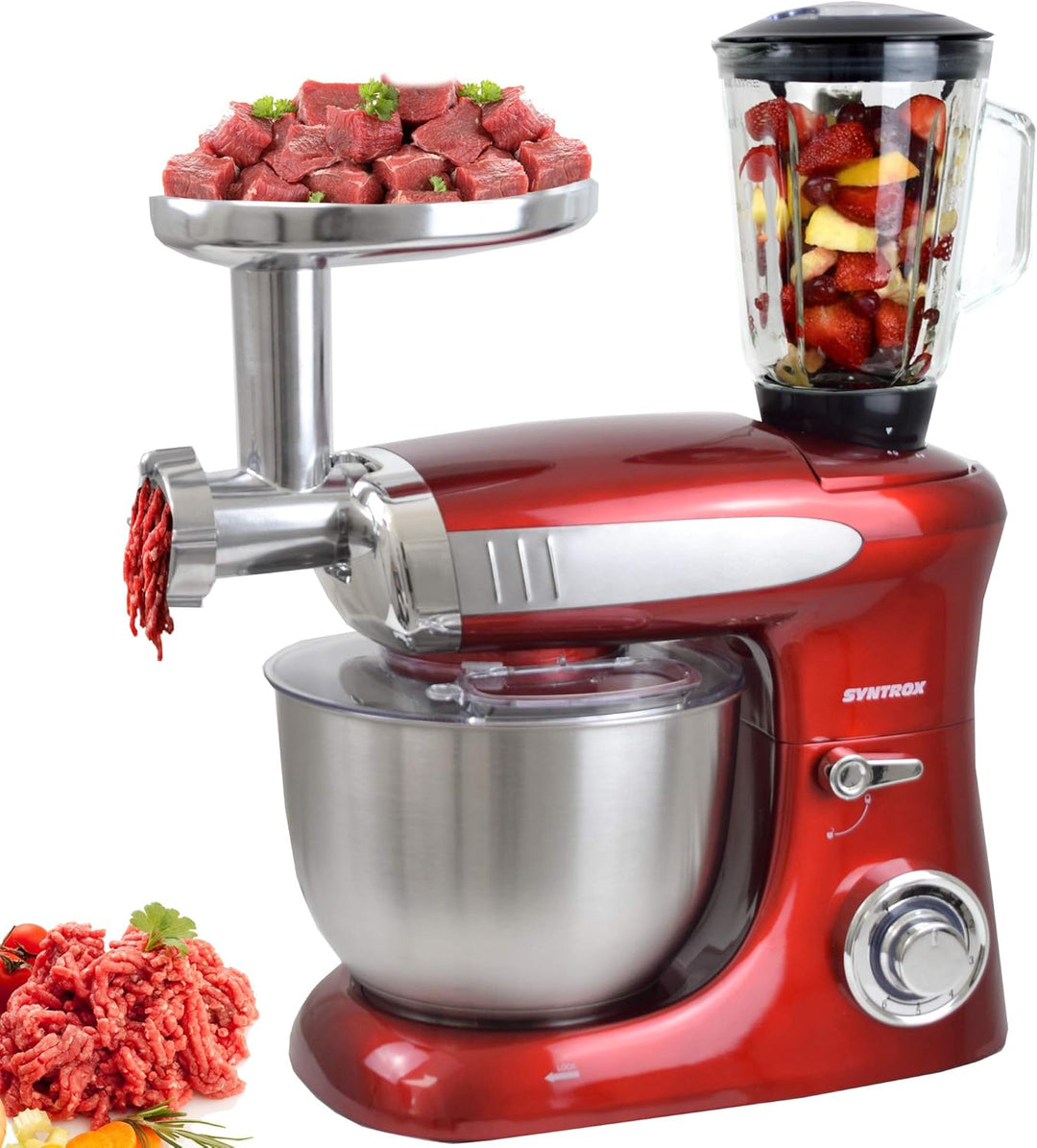 Syntrox Germany KM-1300W Red de Luxe Küchenmaschine Knetmaschine Mixer mit Fleischwolf, Edelstahl-Be