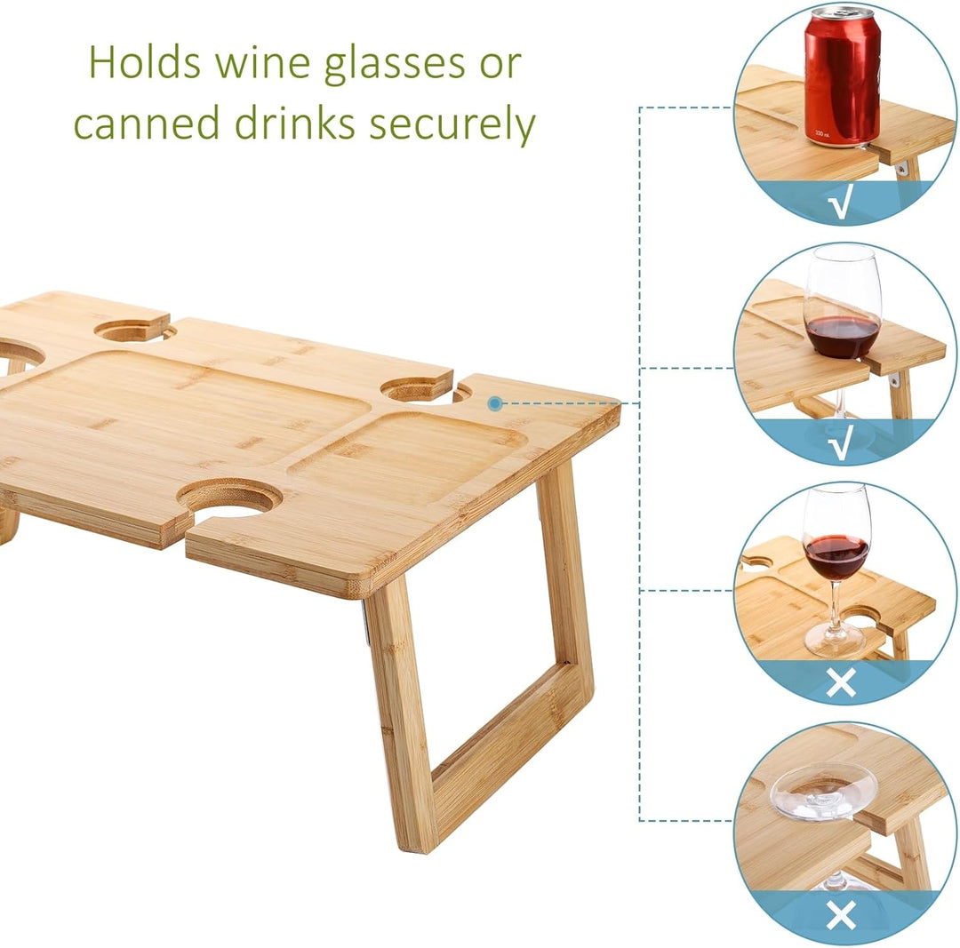 Peohud Bambus-Wein-Picknicktisch, zusammenklappbares Snacktablett mit Weingläserhalter, tragbarer We