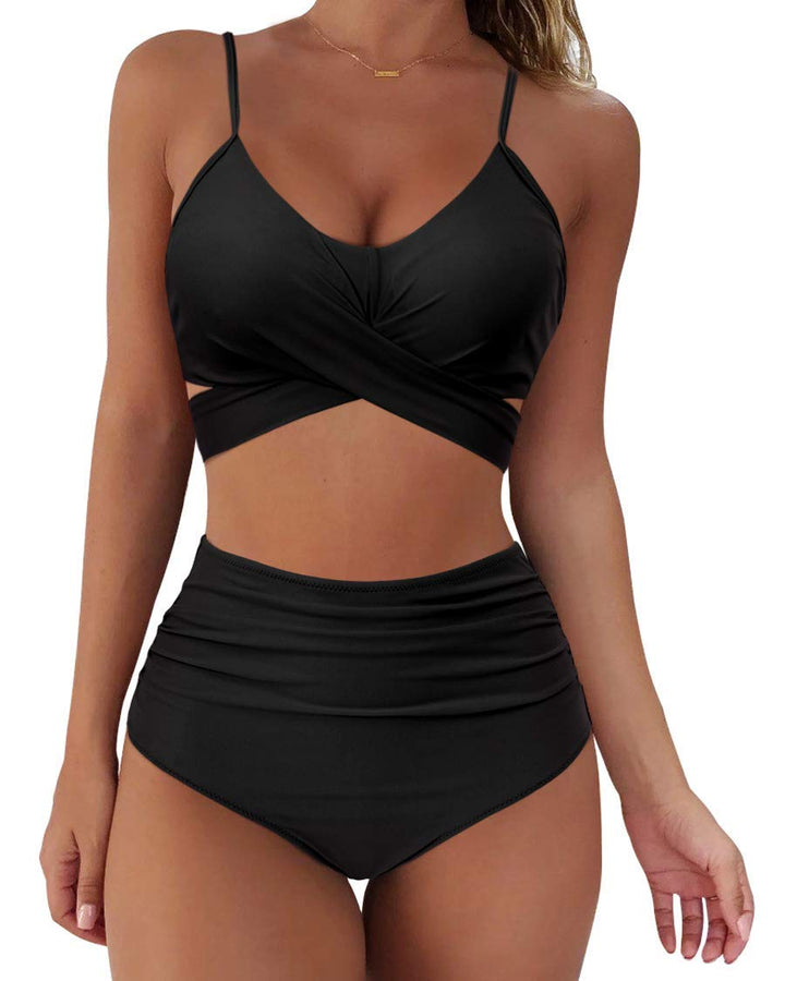 RXRXCOCO Damen Wickel Push Up Bikini Oberteil mit Bauchweg High Waist Bikini Set Bademode L Schwarz,