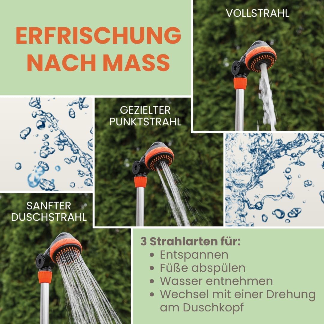 Verstellbare Gartendusche mit 3 Funktionen Höhe 150–210 cm | Tragbare 3in1 Aussendusche mit Alu-Drei